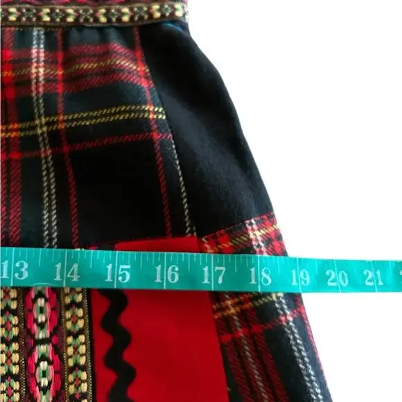 Vintage 70s Handmade Maxi Skirt 26 Patchwork Wool Plaid Cottagecore Red Black - Picture 6 of 10